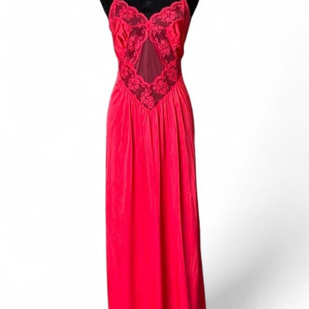 80s Cherry Red Lace Slip Dress – Vampy Sheer Nylon Nightgown M/L